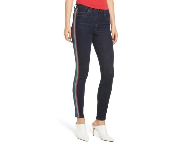 the bond metallic glitter side stripe skinny jeans in blue
