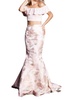 two piece off the shoulder gown in blush/gold