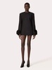 Black Crewneck Short Dress with Floral Detail in Wool Woman