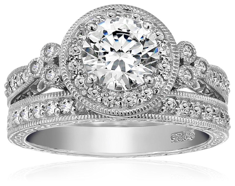 Amazon Essentials Plated Sterling Silver Antique Rings set made with Infinite Elements Cubic Zirconia (previously Amazon Collection)