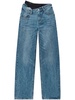 Distressed blue jeans