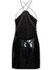 Sequined open back mini dress w/ rose