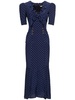 Polka dot print silk midi dress w/ruffle