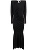 Draped satin l/s open back long dress