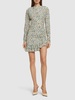 Printed open back draped silk mini dress