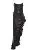 Laminated satin long dress w/side ruffle