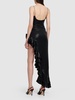 Laminated satin long dress w/side ruffle