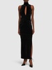 Velvet high neck draped long dress