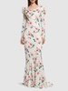 Rose printed silk maxi dress w/ appliqué