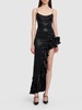 Laminated satin long dress w/side ruffle
