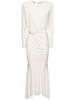 Satin draped l/s open back long dress