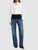 Mid rise denim & fabric wide jeans