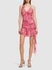Ruched rose printed viscose mini dress
