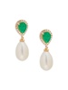 14K Yellow Gold, 7MM Freshwater Pearl, Emerald & Diamond Drop Earrings