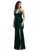plunge halter open-back maxi bias dress with low tie back