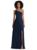 one-shoulder chiffon maxi dress with shirred front slit