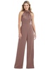 high-neck open-back jumpsuit with scarf tie