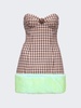 faux fur trim strapless mini dress