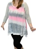 tie dye meets stripes 3/4 sleeve tee in grey/pink
