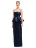 strapless satin maxi dress with cascade ruffle peplum detail