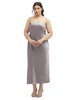 strapless midi bias column dress with peek-a-boo corset back
