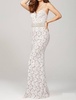 strapless fitted lace prom dress in white/nude