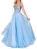 beaded off shoulder organza gown in baby blue