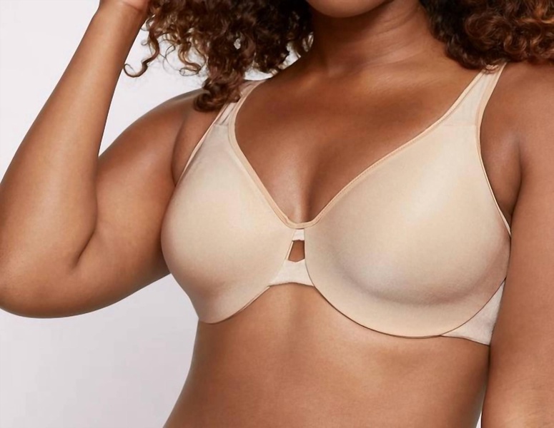 lilyette minimizer plunge into comfort keyhole underwire bra in taupe