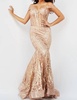 embellished off the shoulder prom dress in rose/gold