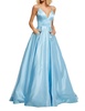 deep v-neckline beaded bow prom dress in light blue