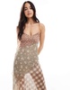 Bershka contrast plaid and floral maxi dress in neutral
