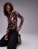 Topshop microfiber all over floral long sleeve top in red