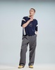 ASOS DESIGN boxy heavyweight 230gsm waffle texture oversized polo with paneling and chest print in navy