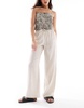 Bershka tie waist wide leg linen-rich pants in sand