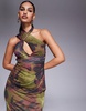 ASOS DESIGN halter cross front maxi dress in dark green & pink floral