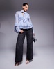 ASOS LUXE pearl embellished chiffon exaggerated blouse in blue
