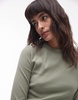 Topshop rib curve hem long sleeve tee in soft khaki