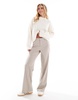 Bershka Petite wide leg tailored pants in beige melange