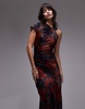Topshop knot neck detail midi dress in red floral