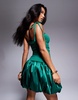 Amy Lynn Alexa satin tie shoulder puffball ultra mini dress in emerald green