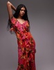 Topshop premium ruffle pintuck gown in red and orange floral