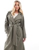 ASOS DESIGN Petite rubberized rain hooded trench coat with belt detail in khaki