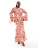 ASOS DESIGN Curve long sleeve ruffle maxi in satin and chiffon mix in red animal print