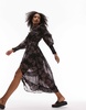 Topshop midi dress with ruffle sleeves in black floral print