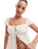Bershka puff sleeve milkmaid top in ecru and pink floral