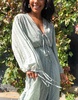 ASOS DESIGN pleated midi dress with drawstring waist and balloon sleeves in chevron dobby in sage green