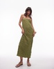 Topshop textured midi tie shoulder dress in khaki
