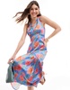 Anaya tie back satin midaxi dress in tropical blue floral