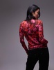 Topshop floral print crinkle mesh long sleeve top in burgundy