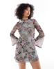 Miss Selfridge extreme flare sleeve 70s printed mesh mini dress
